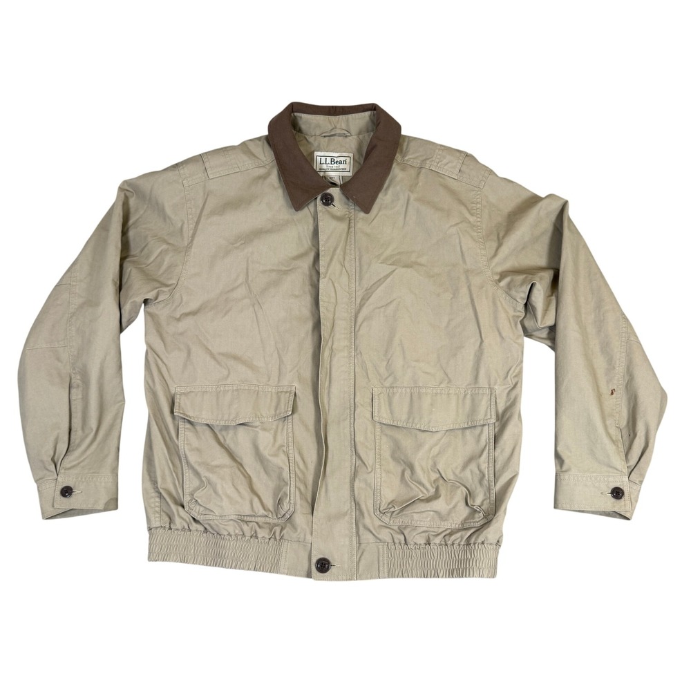 LL Bean Mens Field Jacket Tan Khaki Cotton Canvas Corduroy Collar Large Regular